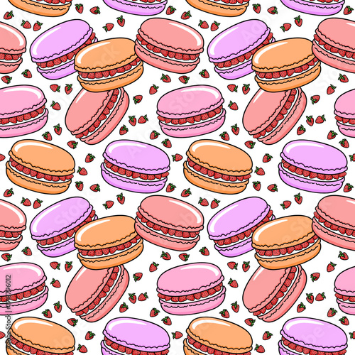 Adorable line art illustrations combining the flavors of happiness: pastel macarons and strawberries to fill your heart with sweetness.
