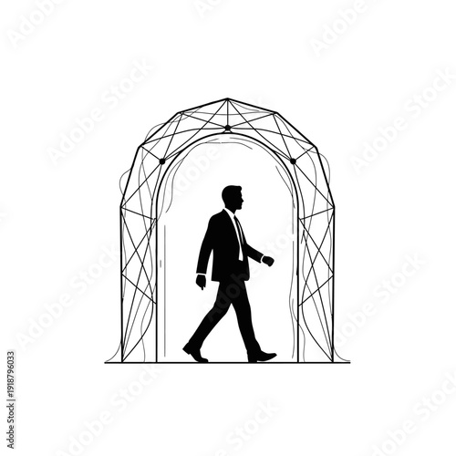 Man Walking Through Modern Archway Silhouette.