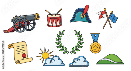 Fotografija A vibrant collection of historical and military themed icons, featuring a cannon, drum, bicorne hat, flags, scroll, laurel wreath, and medal