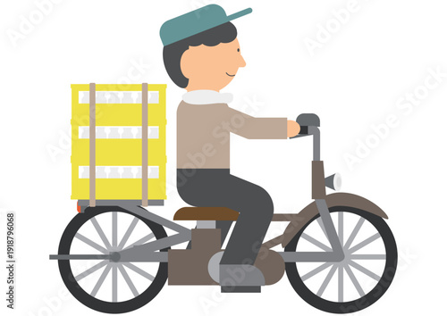 昔懐かしい自転車で牛乳を運ぶ配達員のイラスト素材