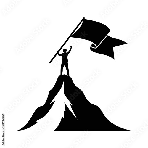 Man Standing on Mountain Top with Flag.