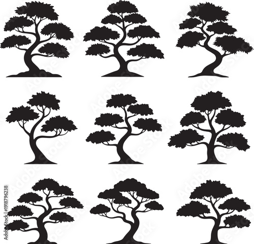 Minimalist black silhouette bonsai trees collection