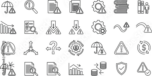 Risk management and warning line icons set, business protection insurance alert and compliance symbols collection vector