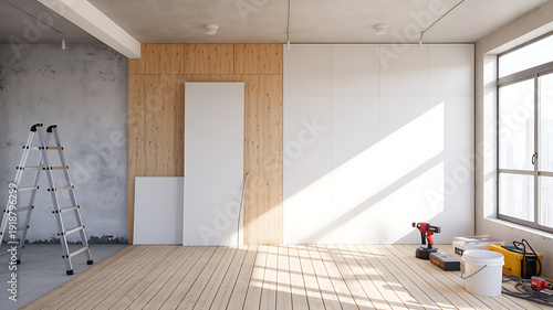 Wallpaper Mural Empty modern apartment during a remodeling process with renovation equipment, paint buckets, and a large window Torontodigital.ca