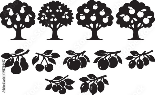 Minimalist black and white tree and fruit set