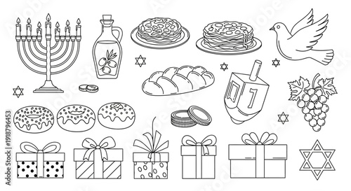 Outline vector illustration set of traditional Hanukkah holiday symbols including menorah, dreidel, latkes, donuts, gifts, and Star of David.