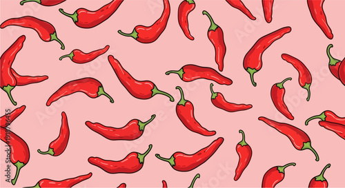 A vibrant and spicy pattern featuring numerous red chili peppers scattered randomly across a soft pink background.