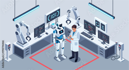 Isometric illustration of a scientist working with a humanoid robot and robotic arms in a modern research laboratory.