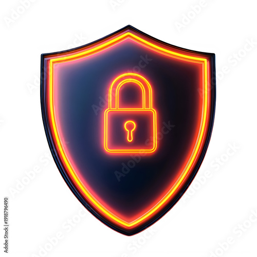 Neon shield with glowing padlock security icon isolated on transparent background
