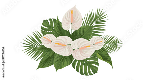 Elegant tropical bouquet featuring pristine white anthurium flowers intertwined with lush green monstera and palm leaves, creating a sophisticated botanical arrangement.