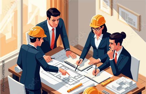 Four architects or engineers in business attire and hard hats discussing blueprints at a meeting table in an office setting.