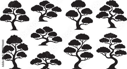 Minimalist black silhouette bonsai trees collection