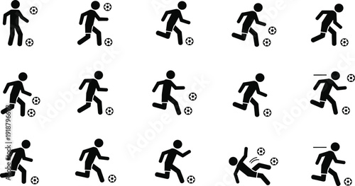 Soccer player silhouette icons set, football dribbling running and kick action pictogram collection isolated black sport figure vector