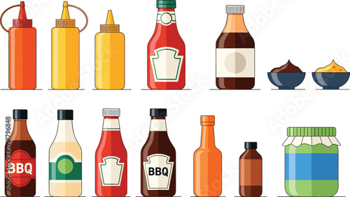 Minimal condiment bottles collection illustration. Mustard, ketchup, BBQ and squeeze sauce containers with small dip bowls. Clean flat design isolated on white background.