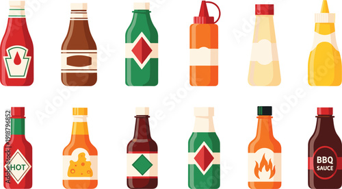Minimal condiment bottles illustration set. Twelve ketchup, BBQ, hot sauce and squeeze containers in clean grid layout. Flat modern design isolated on white background.