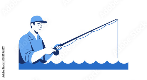 Man fishing with rod in blue water and white background.