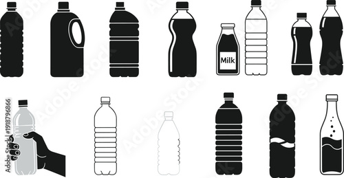 Black and white beverage bottle illustration set. Plastic water, milk and soft drink containers in silhouette and outline style. Minimal graphic collection isolated on white background.
