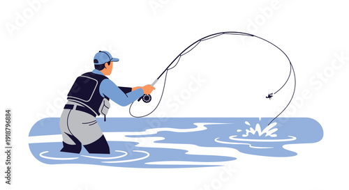 Man fishing in water with a rod and reel.