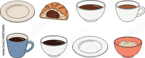 Minimal coffee and breakfast illustration set. Pastry cross section, cereal bowl and classic coffee cups in clean line art style. Simple design isolated on white background.