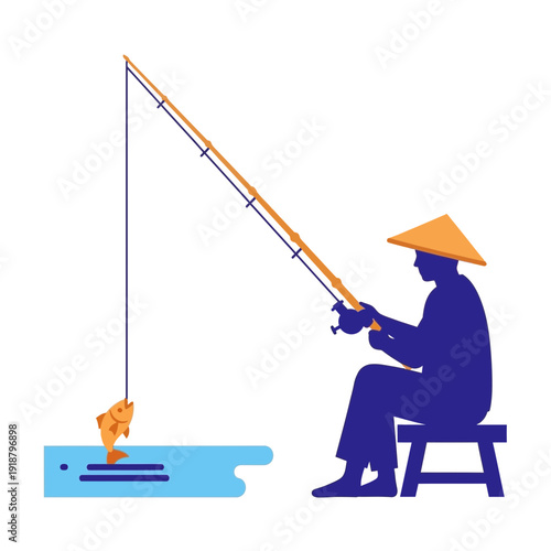 Person in conical hat fishes from a stool by water.