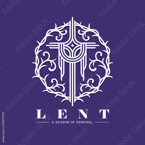Lent, a senson of renewal - Modern white line christian cross with fabric hanging and circle thorns around on dark purple background vector design