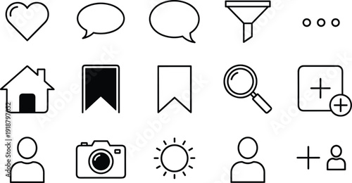 Social media user interface line icon set featuring heart like speech bubbles filter home bookmark search and camera symbols for mobile app navigation