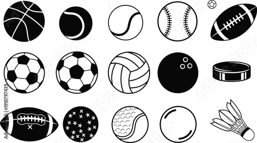 Sports ball and equipment icon set featuring basketball, soccer, football, tennis, baseball, volleyball, and bowling silhouettes for athletic competition and fitness design