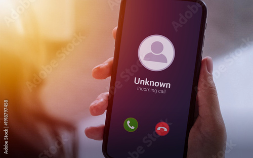 Valokuva Unknown Incoming Call on Smartphone Screen. Scam and Spam Concept