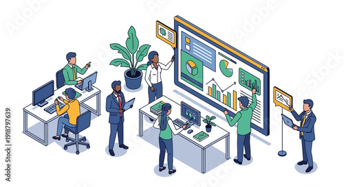 Diverse team collaborating on data analysis and business intelligence in a modern office setting.