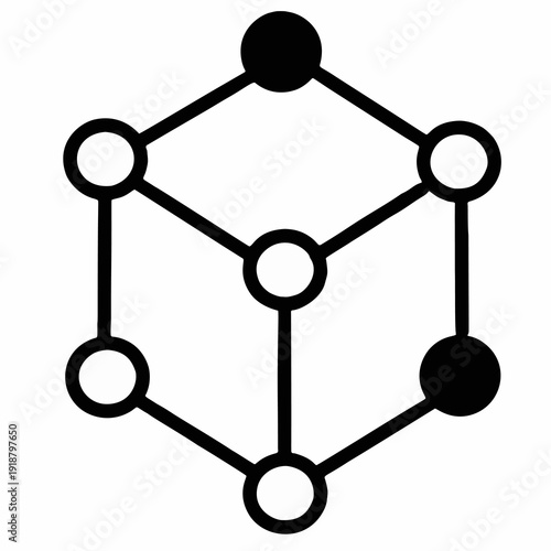 Abstract geometric cube with connected nodes and two filled circles.