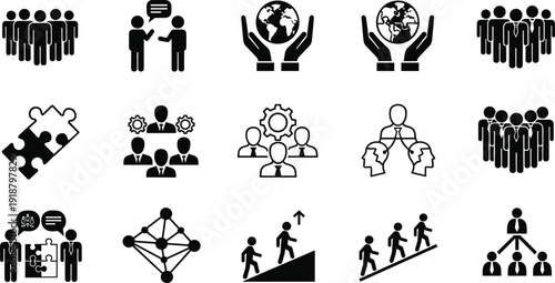 Teamwork and leadership icons set, business collaboration and community network symbols collection including partnership communication growth and organization vector