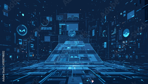 Abstract blue technology background with glowing binary code forming a futuristic digital tunnel and data network concept illustration