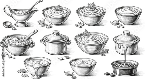 Black and white soup vessel sketch set. Twelve gravy boats, bowls and covered pots with sauces and garnishes. Realistic pencil drawing isolated on white background with gray border.