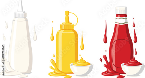 Mayonnaise, mustard and ketchup bottles illustration. Realistic condiment containers with dynamic liquid splashes and bowls. Clean modern design isolated on light gray background.