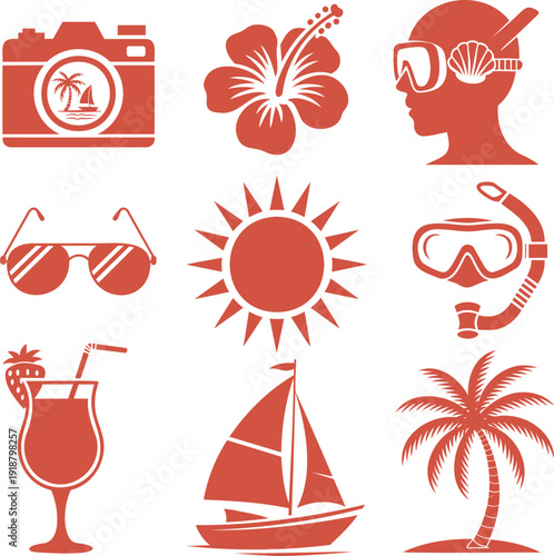 Selection of red silhouette icons illustrating popular summer vacation and tropical travel essentials