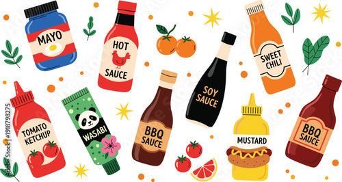 Cartoon condiment bottles illustration set. Mayo, ketchup, soy, BBQ, mustard and sweet chili sauces with decorative elements. Flat minimalist food design isolated on white background.
