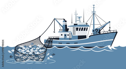 Fishing boat hauling a net full of fish from the ocean.
