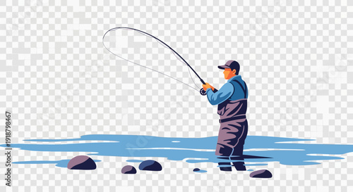 Man fishing in water with rod and line.