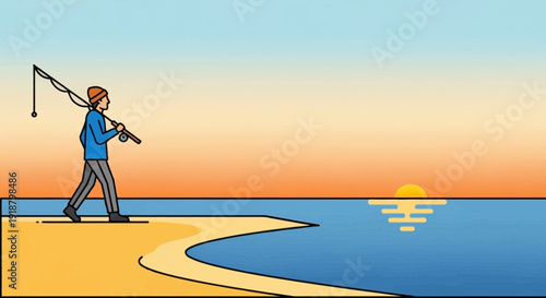 Person walks on beach with fishing pole at sunset.