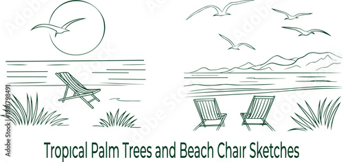 Simple line drawings show beach scenes with deck chairs, palm trees, and seagulls flying