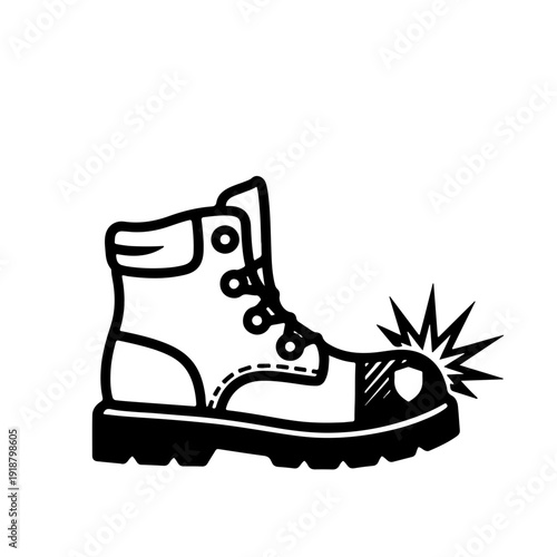 black and white vector illustration showing a heavy weight impacting the toe area of a boot, symbolizing steel toe protection and industrial safety standards