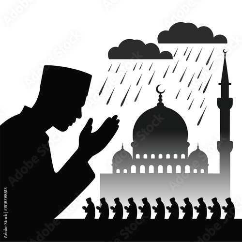 Silhouette of Muslim Man Praying in Front of Mosque during Rain, Islamic Devotion and Spirituality Concept Vector Illustration