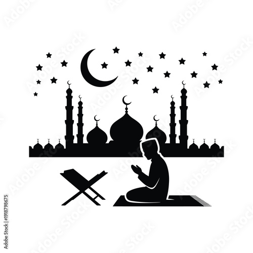 Muslim Man Praying Silhouette with Mosque and Crescent Moon Background