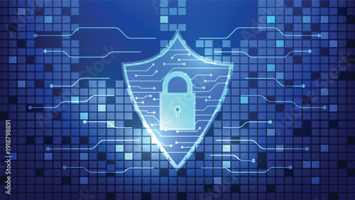 futuristic digital shield with padlock symbol on blue background. cyber security and online privacy protection  