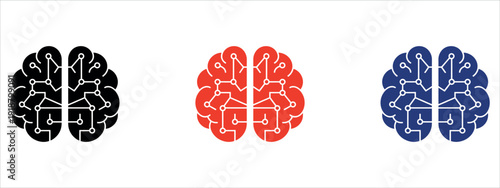 Artificial Intelligence Digital Brain with Circuit Board Lines Icons Set for Technology and Machine Learning Vector Illustration.