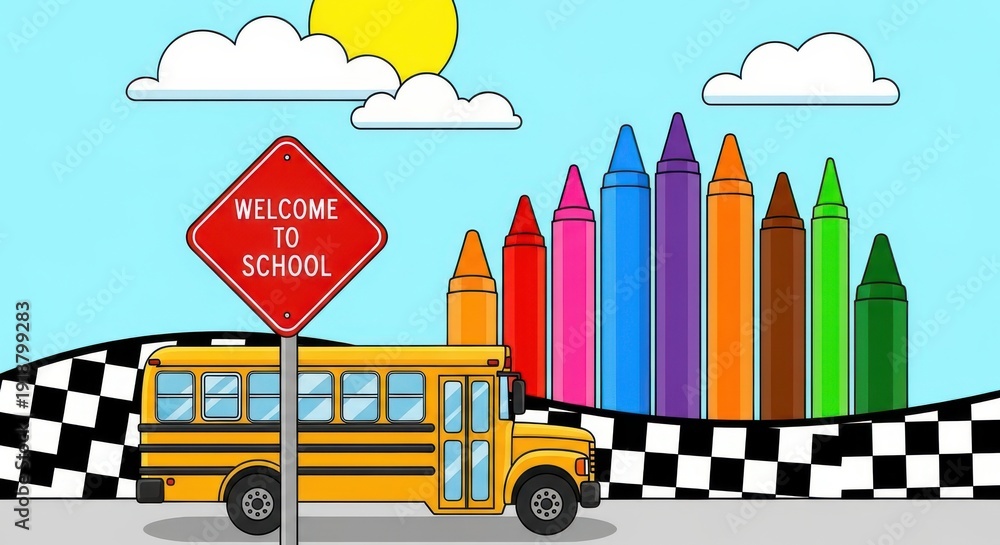 Obraz premium Colorful crayons standing on a school bus with a welcome sign