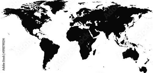 World map silhouette vector, black and white global continents illustration isolated on white background for geography travel and business design