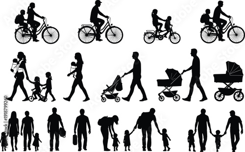 Silhouettes of adults with children, cycling, walking, pushing strollers, caregiving, family bonding, parenting interaction, daily life routines, vector illustration design