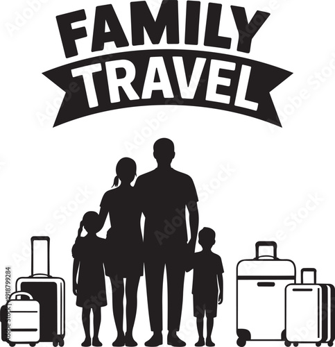 A black silhouette shows a happy family of four with their luggage ready for an exciting trip