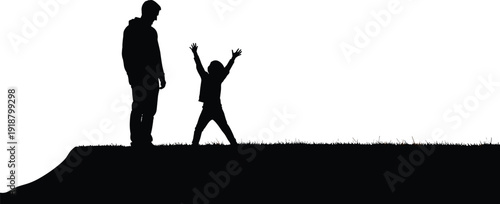 Silhouettes of adult and child standing on grass, joyful pose, family relationship figures illustration, nature design concept art